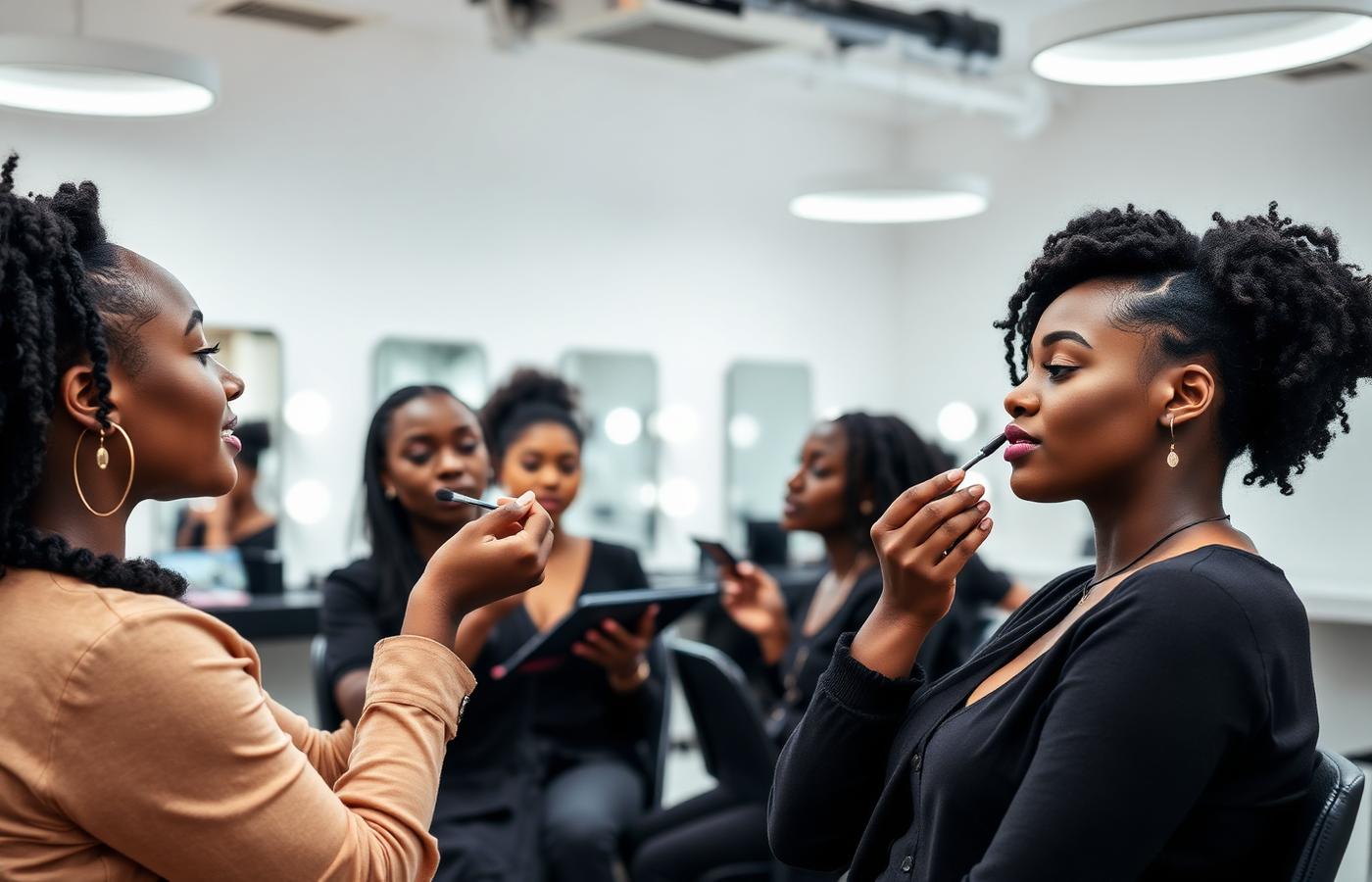 Makeup students practising in a bright beauty academy studio