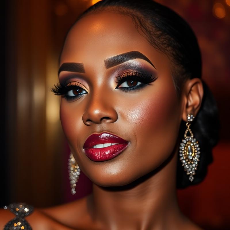 Glamorous Nigerian woman with bold event makeup and statement earrings