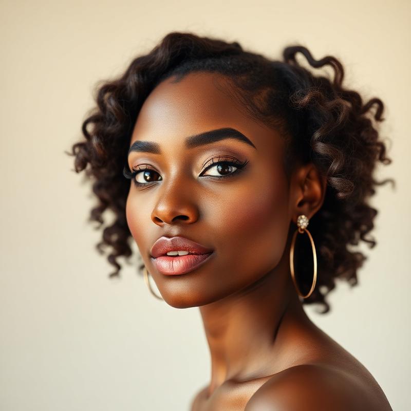 Nigerian woman with clean editorial photoshoot makeup on ivory backdrop